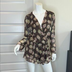 Honey Punch Brown Floral Surplice Long Sleeve Romper